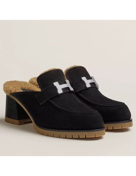 Cheap Reps Hermes Flore 60 Mules in Black Suede with Shearling