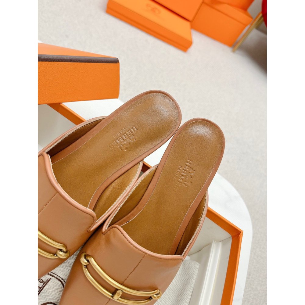 Cheap Reps Hermes Esmee Mules in Brown Calfskin