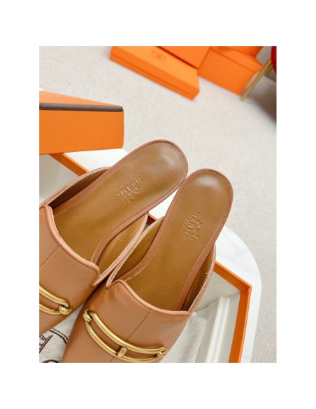 Cheap Reps Hermes Esmee Mules in Brown Calfskin