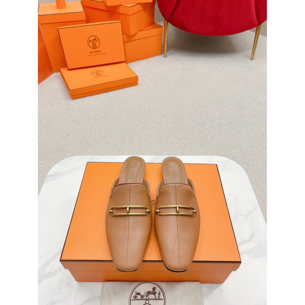 Cheap Reps Hermes Esmee Mules in Brown Calfskin