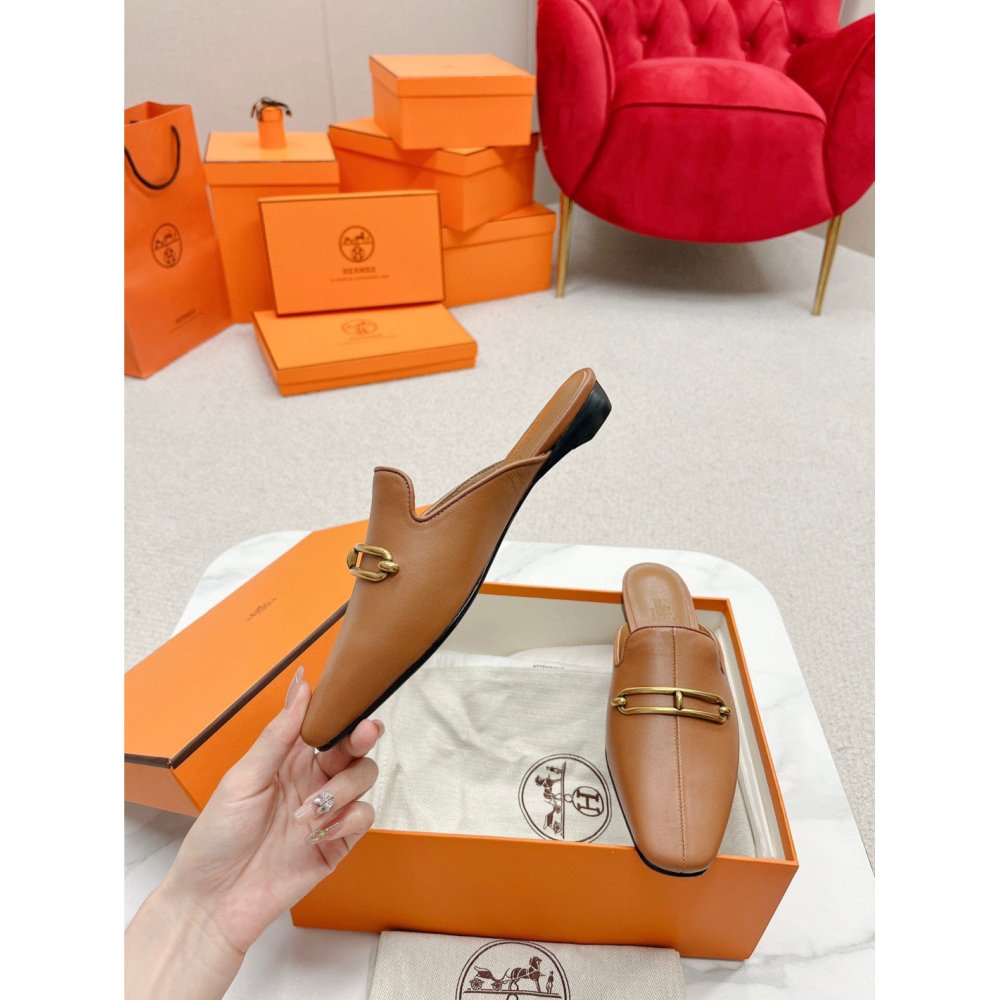 Cheap Reps Hermes Esmee Mules in Brown Calfskin