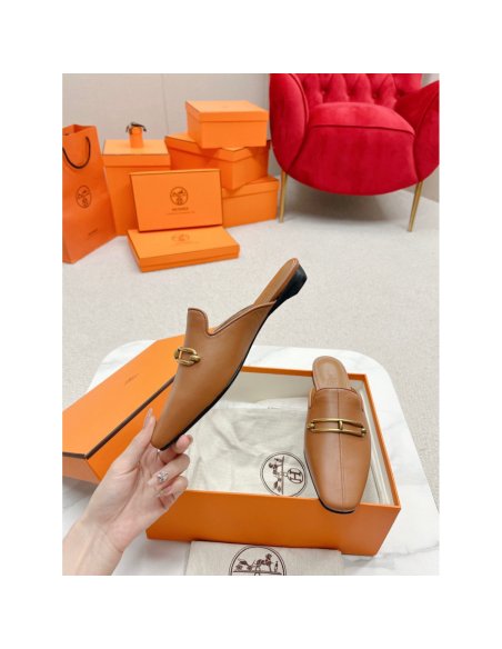 Cheap Reps Hermes Esmee Mules in Brown Calfskin