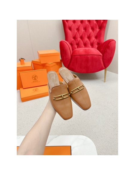 Cheap Reps Hermes Esmee Mules in Brown Calfskin