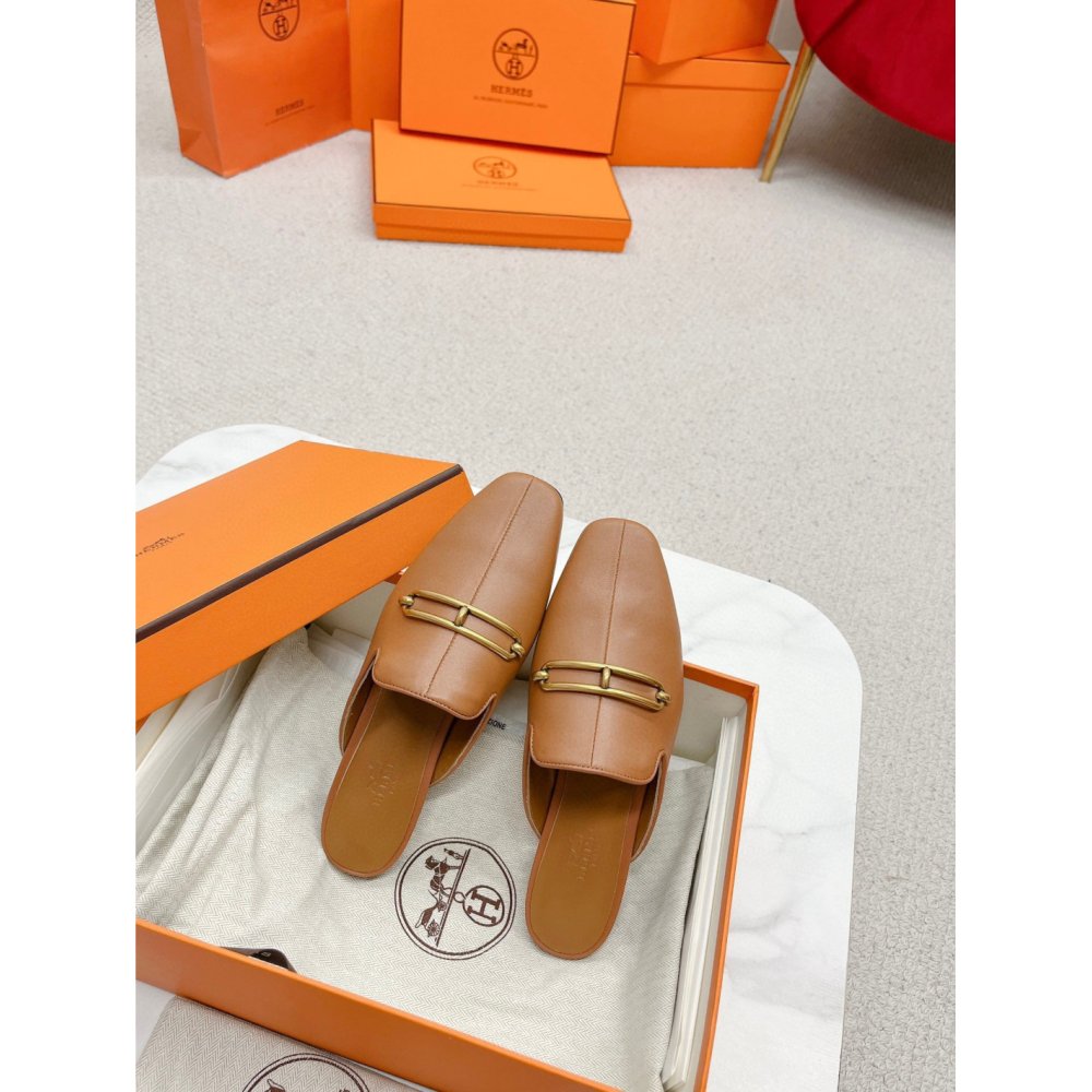 Cheap Reps Hermes Esmee Mules in Brown Calfskin
