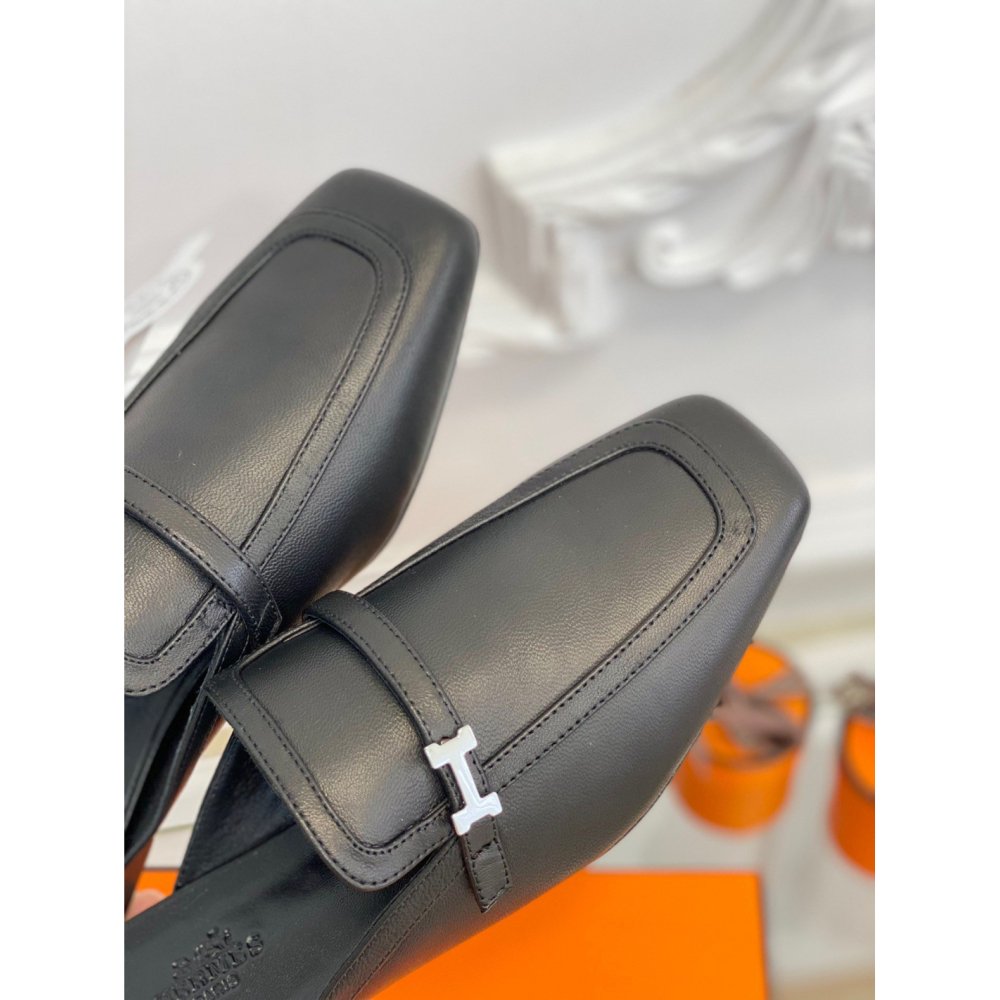 Cheap Reps Hermes Groupie Mules in Black Calfskin