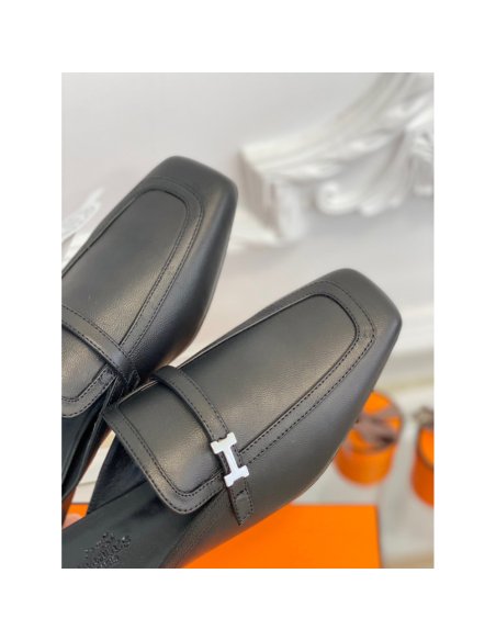 Cheap Reps Hermes Groupie Mules in Black Calfskin