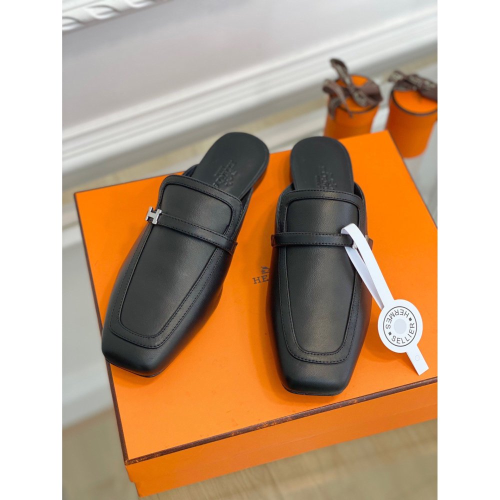 Cheap Reps Hermes Groupie Mules in Black Calfskin