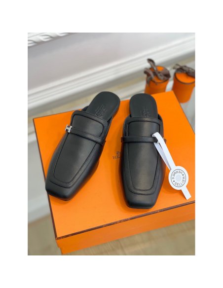 Cheap Reps Hermes Groupie Mules in Black Calfskin