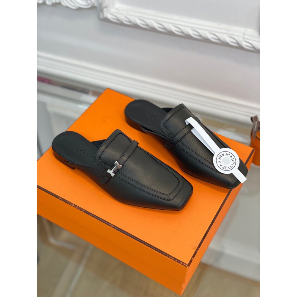 Cheap Reps Hermes Groupie Mules in Black Calfskin