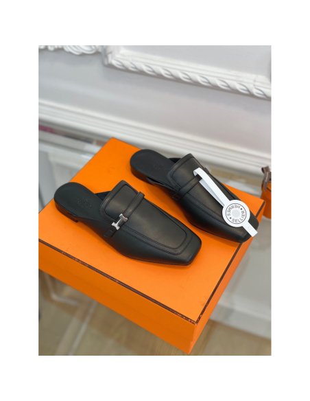 Cheap Reps Hermes Groupie Mules in Black Calfskin