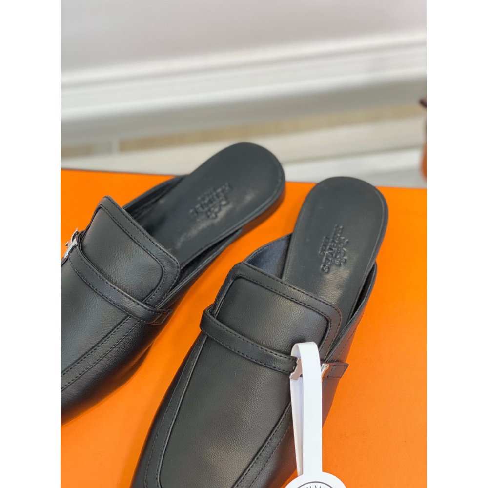 Cheap Reps Hermes Groupie Mules in Black Calfskin