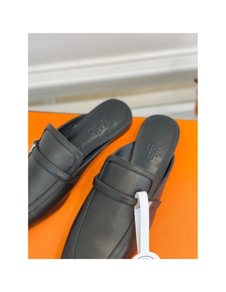 Cheap Reps Hermes Groupie Mules in Black Calfskin