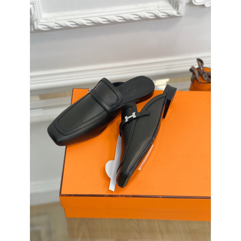 Cheap Reps Hermes Groupie Mules in Black Calfskin