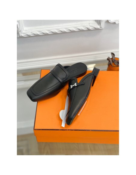 Cheap Reps Hermes Groupie Mules in Black Calfskin