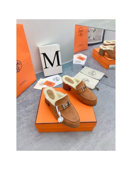 Cheap Reps Hermes Flore 60 Mules in Brown Suede with Shearling