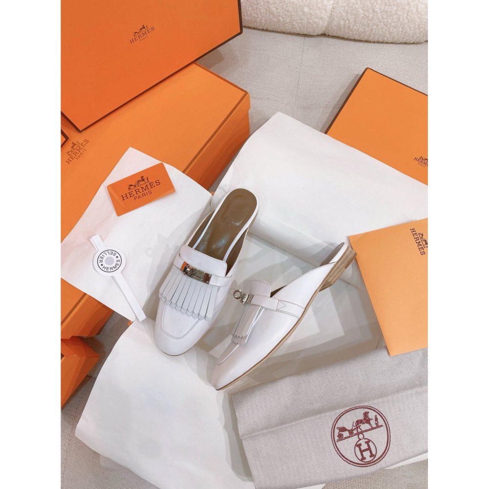 Cheap Reps Hermes Womens Oz Mules with Fringed in White Leather