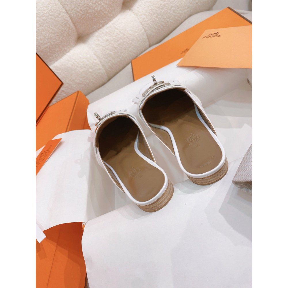 Cheap Reps Hermes Womens Oz Mules with Fringed in White Leather