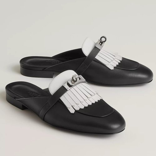 Cheap Reps Hermes Womens Oz Mules with Fringed in Black/White Leather