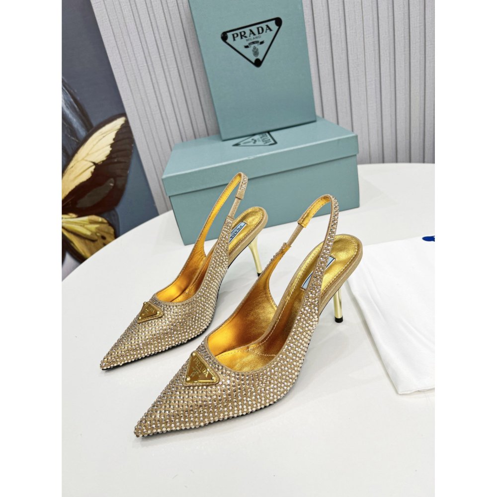 Cheap Reps Prada Slingbacks Pumps 85mm in Satin with Crystals