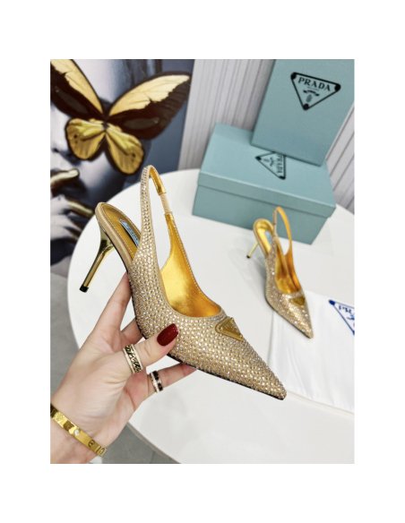 Cheap Reps Prada Slingbacks Pumps 85mm in Satin with Crystals