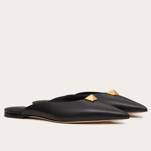Cheap Reps Valentino Roman Stud Flat Mules In Black Calfskin