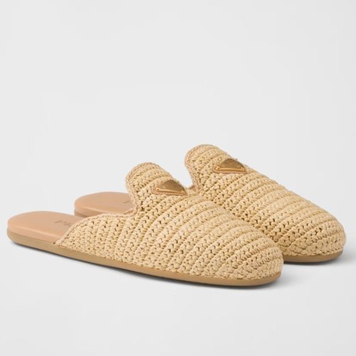 Cheap Reps Prada Womens Crochet Mules in Natural Raffia