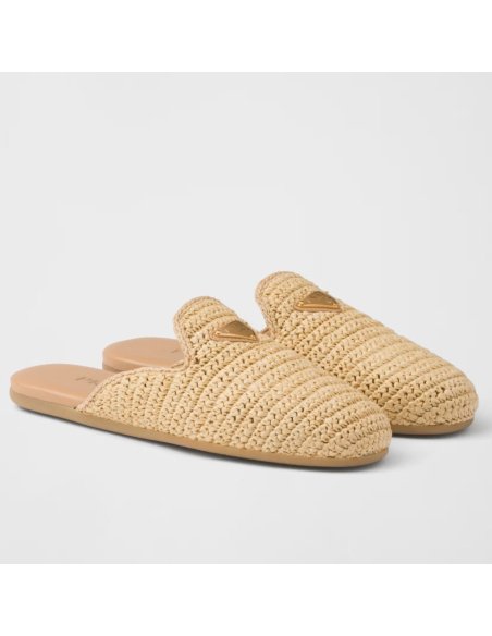 Cheap Reps Prada Womens Crochet Mules in Natural Raffia