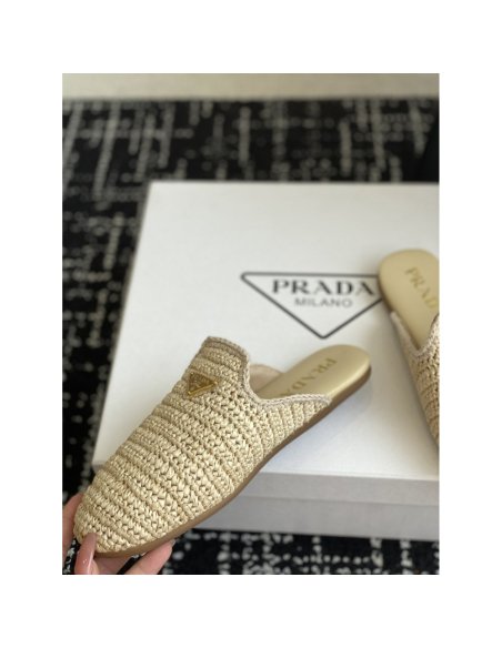 Cheap Reps Prada Womens Crochet Mules in Natural Raffia
