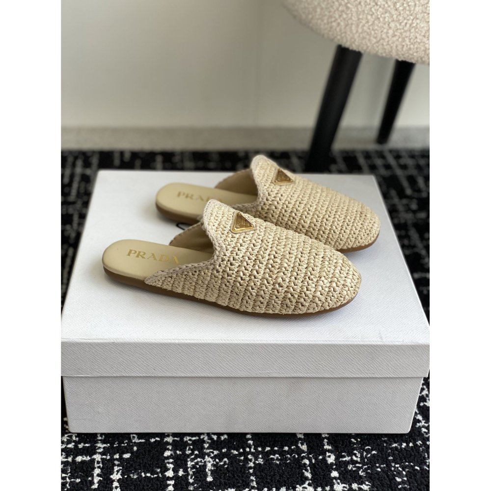 Cheap Reps Prada Womens Crochet Mules in Natural Raffia