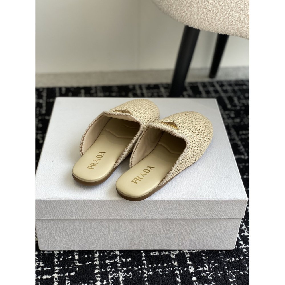 Cheap Reps Prada Womens Crochet Mules in Natural Raffia