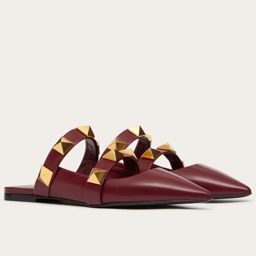 Cheap Reps Valentino Roman Stud Flat Mules In Bordeaux Leather