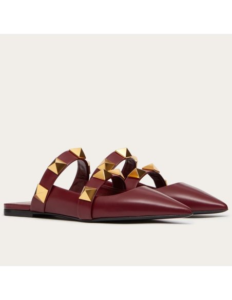 Cheap Reps Valentino Roman Stud Flat Mules In Bordeaux Leather