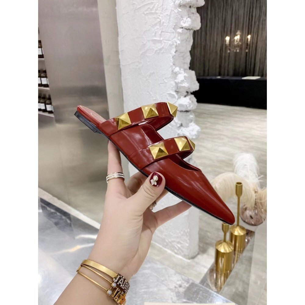 Cheap Reps Valentino Roman Stud Flat Mules In Bordeaux Leather