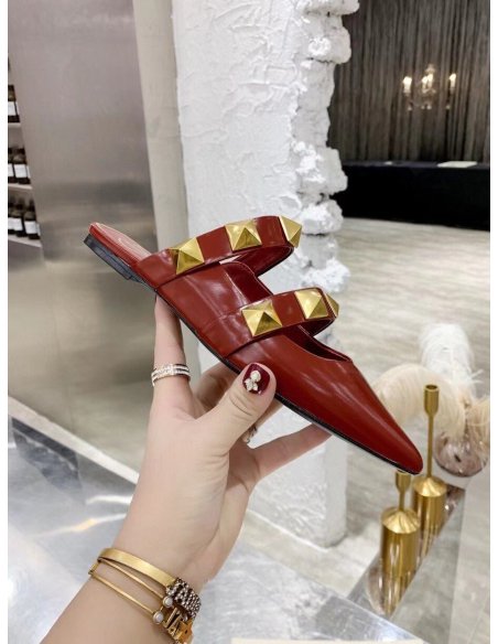 Cheap Reps Valentino Roman Stud Flat Mules In Bordeaux Leather