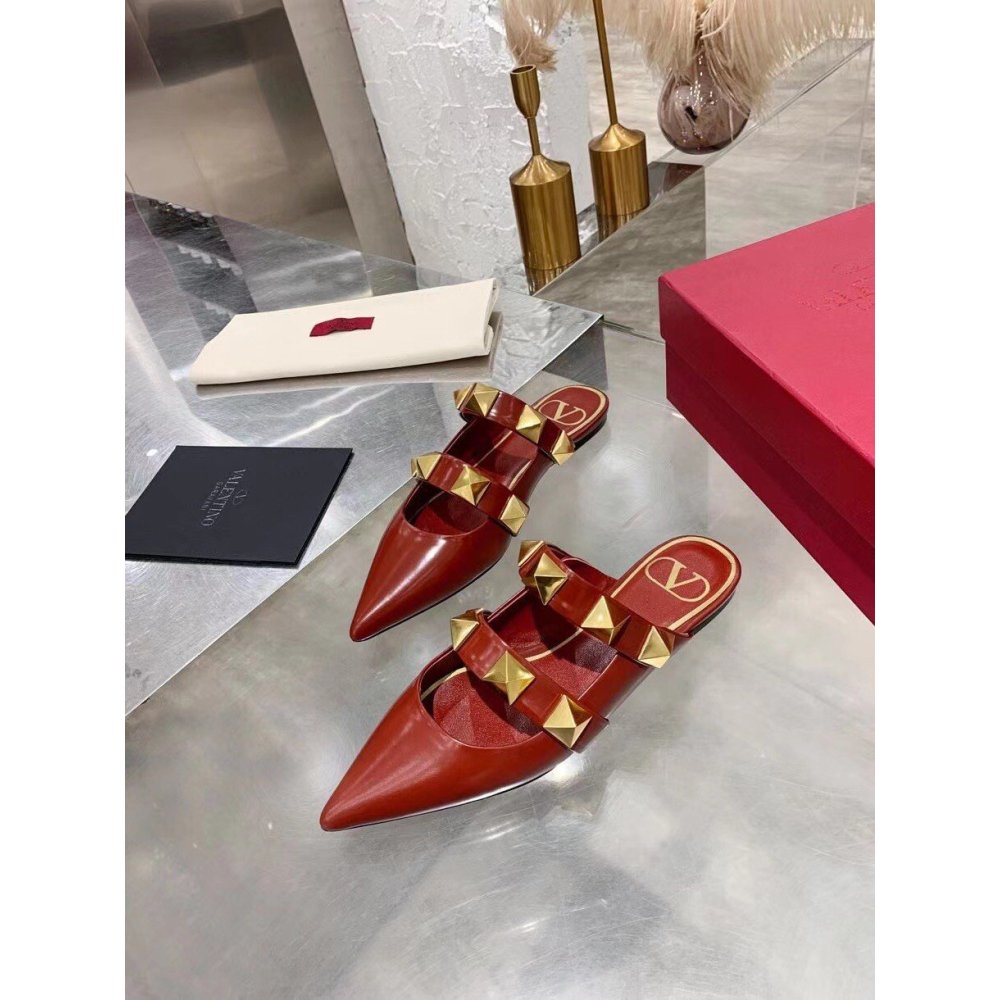 Cheap Reps Valentino Roman Stud Flat Mules In Bordeaux Leather