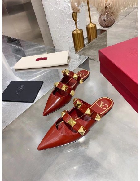 Cheap Reps Valentino Roman Stud Flat Mules In Bordeaux Leather