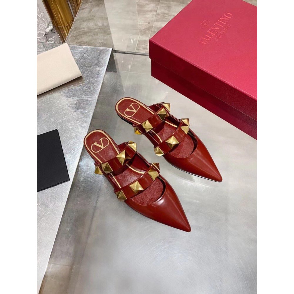 Cheap Reps Valentino Roman Stud Flat Mules In Bordeaux Leather