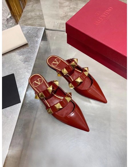Cheap Reps Valentino Roman Stud Flat Mules In Bordeaux Leather