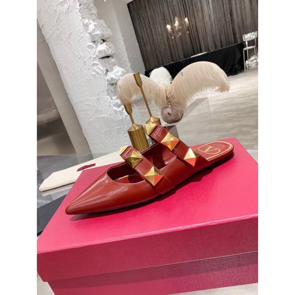 Cheap Reps Valentino Roman Stud Flat Mules In Bordeaux Leather