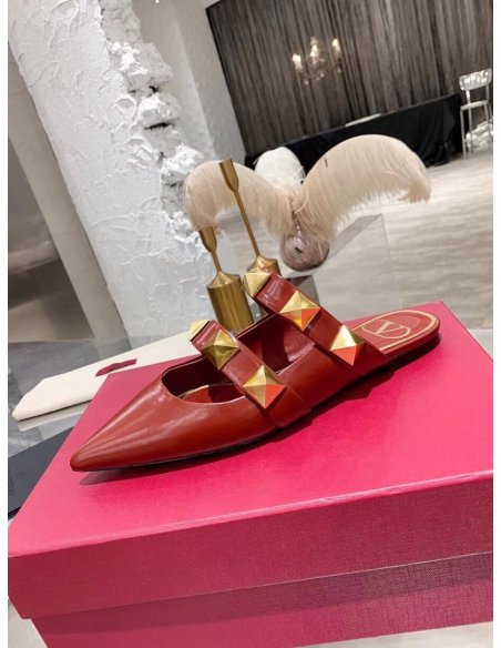 Cheap Reps Valentino Roman Stud Flat Mules In Bordeaux Leather