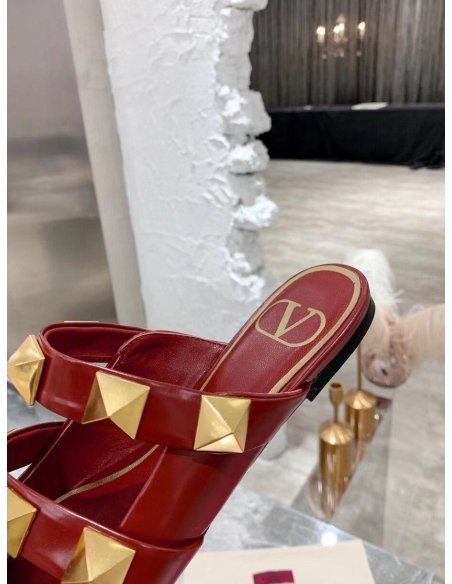 Cheap Reps Valentino Roman Stud Flat Mules In Bordeaux Leather