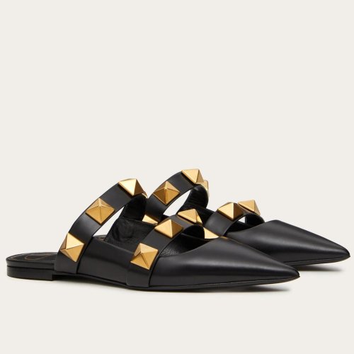 Cheap Reps Valentino Roman Stud Flat Mules In Black Leather