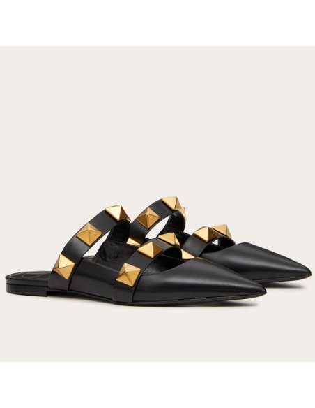 Cheap Reps Valentino Roman Stud Flat Mules In Black Leather