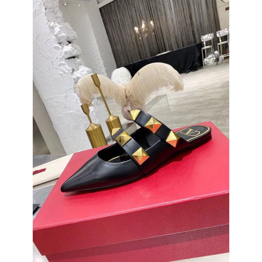 Cheap Reps Valentino Roman Stud Flat Mules In Black Leather