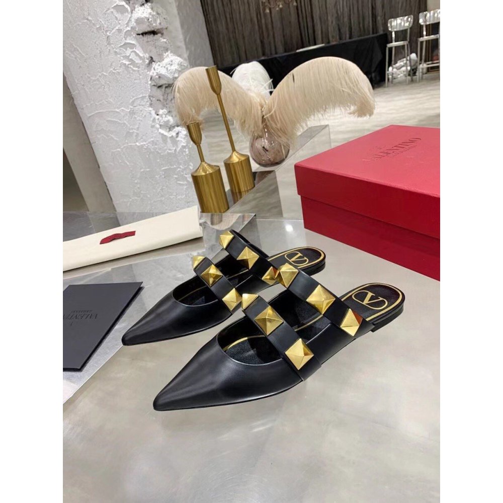 Cheap Reps Valentino Roman Stud Flat Mules In Black Leather