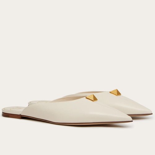 Cheap Reps Valentino Roman Stud Flat Mules In White Calfskin
