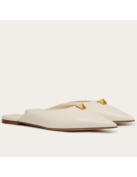Cheap Reps Valentino Roman Stud Flat Mules In White Calfskin
