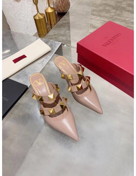 Cheap Reps Valentino Roman Stud Mules 65mm In Rose Cannelle Calfskin
