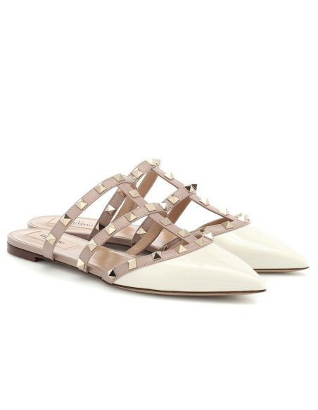Cheap Reps Valentino Rockstud Flat Mules In White Patent Leather