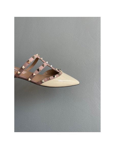 Cheap Reps Valentino Rockstud Flat Mules In White Patent Leather